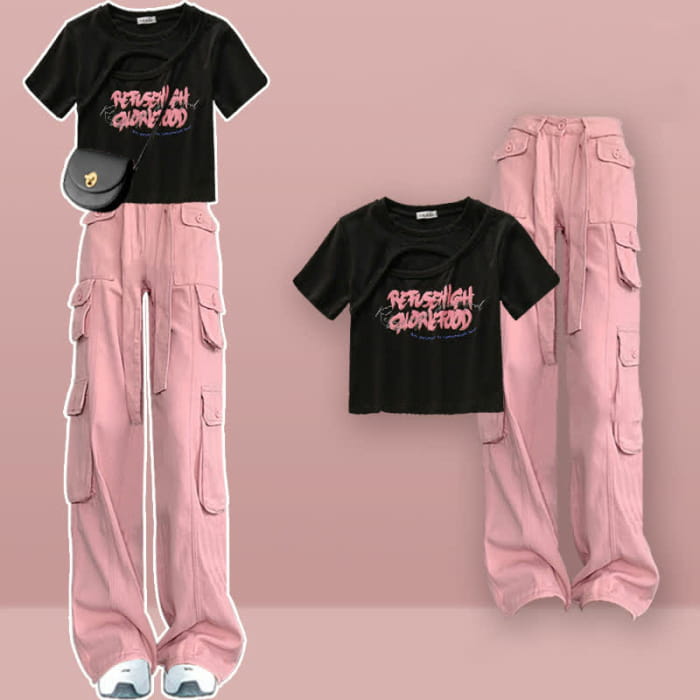 Pink Love Heart Print Crop Top T-Shirt Cargo Pants - Set