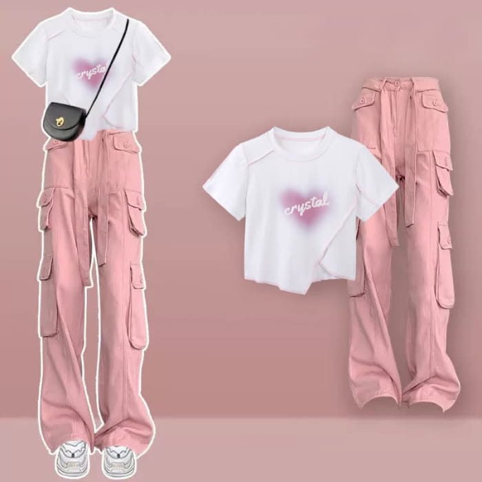 Pink Love Heart Print Crop Top T-Shirt Cargo Pants - Set B