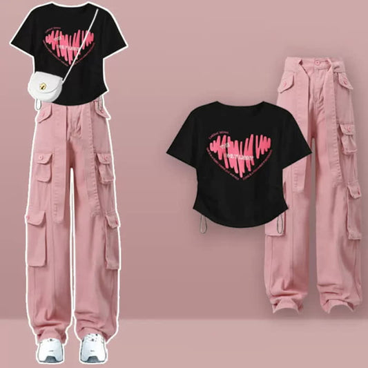 Pink Love Heart Print Crop Top T-Shirt Cargo Pants - Set C