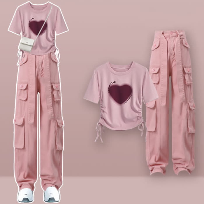 Pink Love Heart Print Crop Top T-Shirt Cargo Pants - Set D