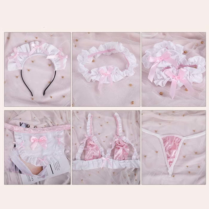 Pink Maid Bow Knot Lace Hollow Out Bikini Lingerie
