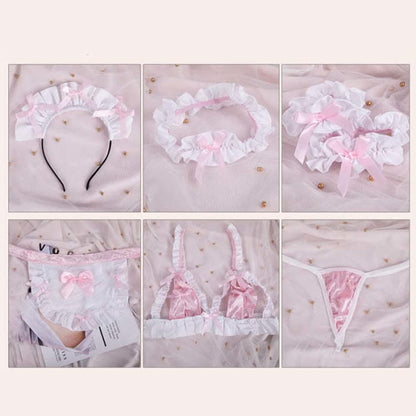 Pink Maid Bow Knot Lace Hollow Out Bikini Lingerie