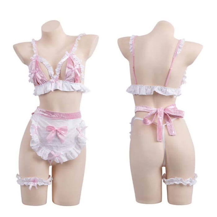 Pink Maid Bow Knot Lace Hollow Out Bikini Lingerie