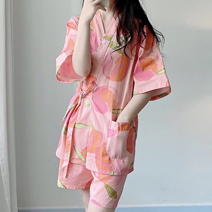 Pink Peach Print Kimono Pajamas Set
