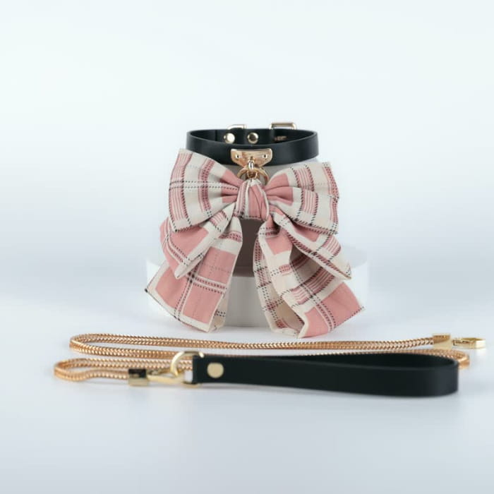 Pink Plaid Bowknot Bell Choker Anal Plug SM Accessories