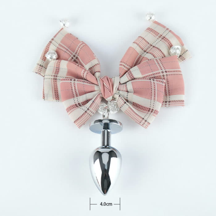 Pink Plaid Bowknot Bell Choker Anal Plug SM Accessories