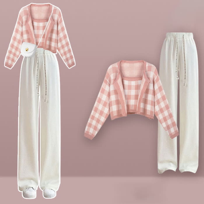 Pink Plaid Top Cardigan Sweater White Pants Set