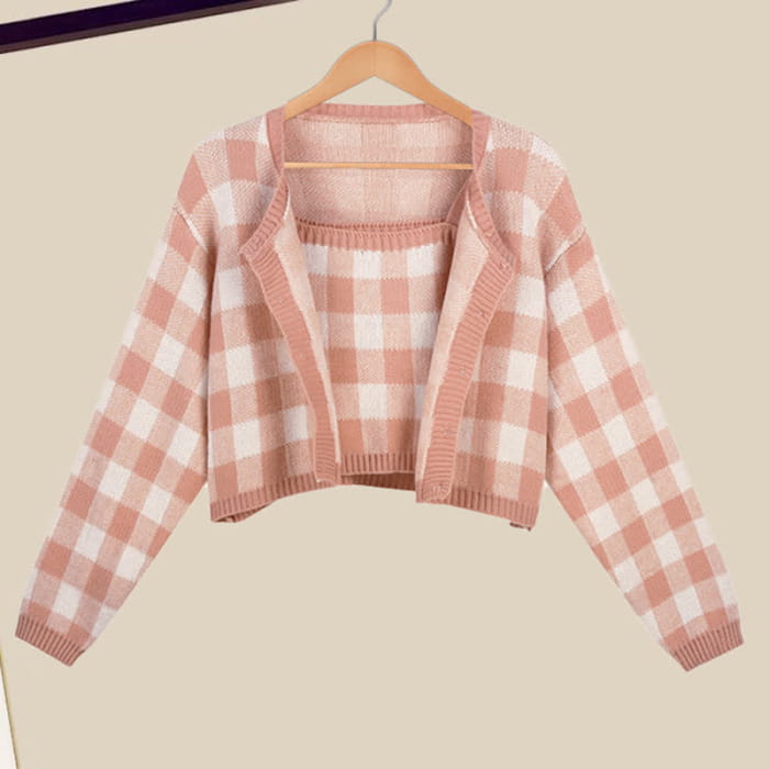 Pink Plaid Top Cardigan Sweater White Pants Set - Sweater