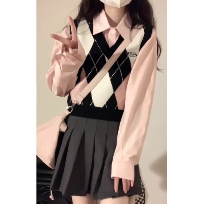 Pink Rhombus Print Vest Long Sleeve Shirt Pleated Skirt