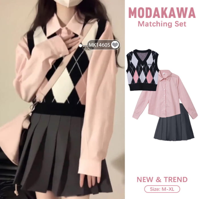 Pink Rhombus Print Vest Long Sleeve Shirt Pleated Skirt