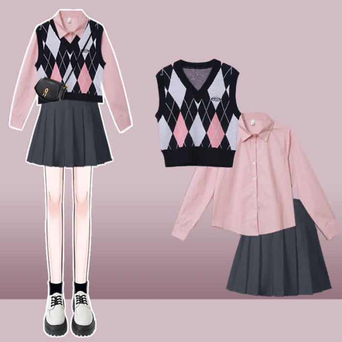 Pink Rhombus Print Vest Long Sleeve Shirt Pleated Skirt