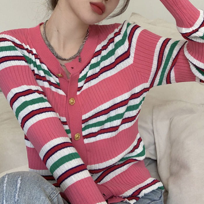 Pink Striped Ribbed Cardigan - Free Size