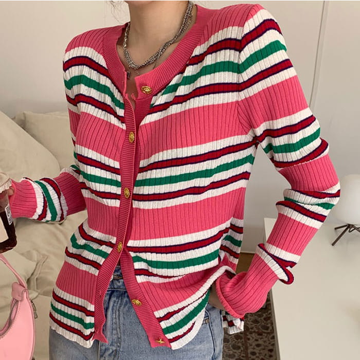 Pink Striped Ribbed Cardigan - Free Size