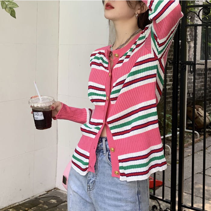 Pink Striped Ribbed Cardigan - Free Size