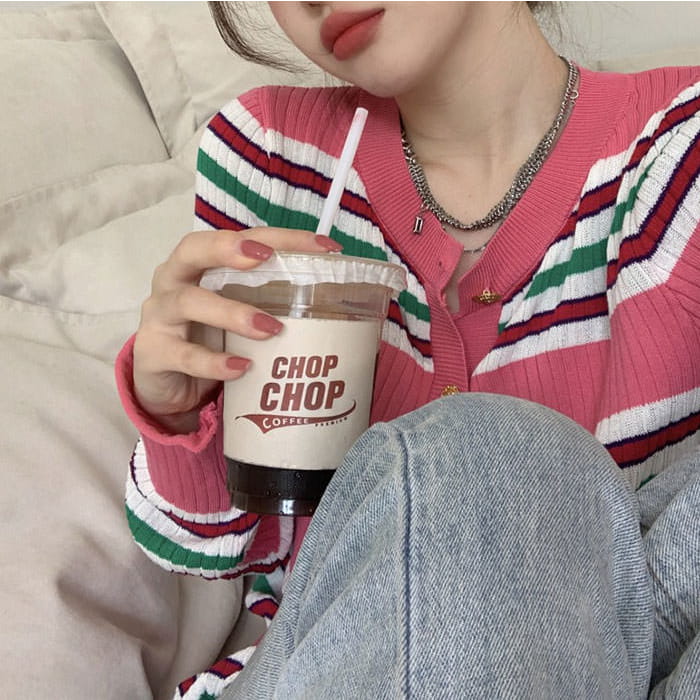 Pink Striped Ribbed Cardigan - Free Size