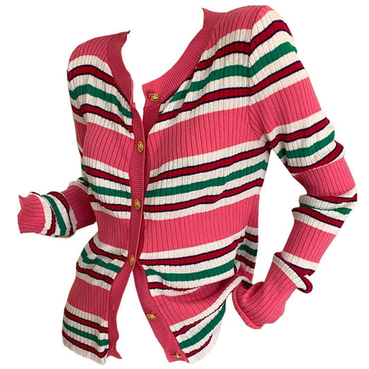 Pink Striped Ribbed Cardigan - Free Size