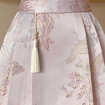 Pink Vintage Strappy Shirt High Waist Pleated Skirt