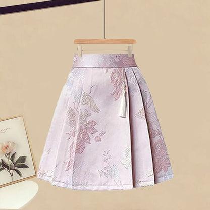 Pink Vintage Strappy Shirt High Waist Pleated Skirt - M