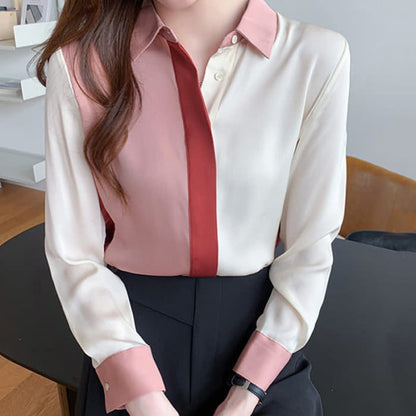 Pink White Colorblock Lapel Shirt Workwear