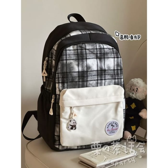 Plaid Applique Laptop Backpack / Bag Charm / Set - Black / S