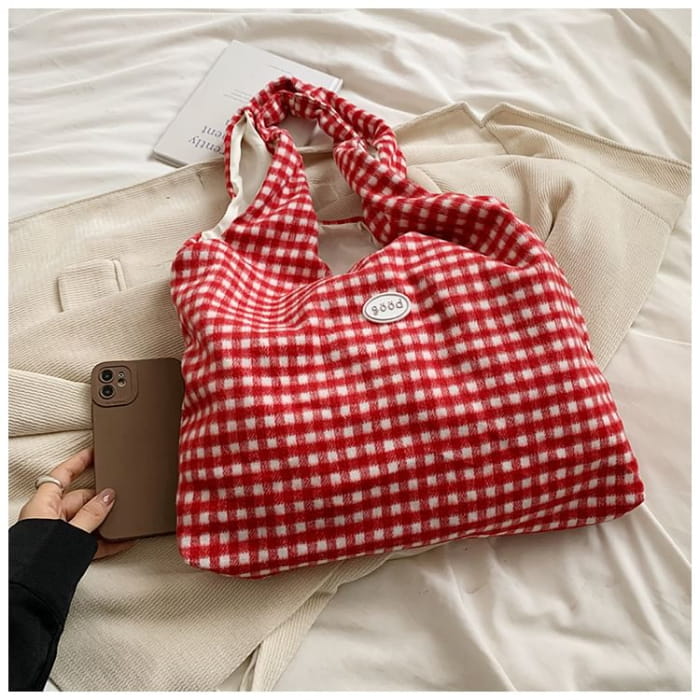 Plaid Applique Tote Bag