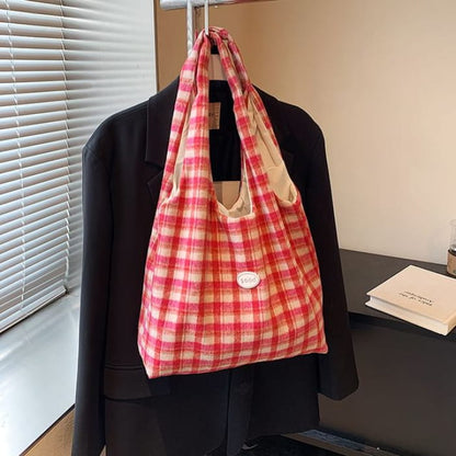 Plaid Applique Tote Bag - Pink / One Size