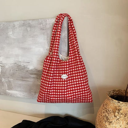 Plaid Applique Tote Bag - Red / One Size