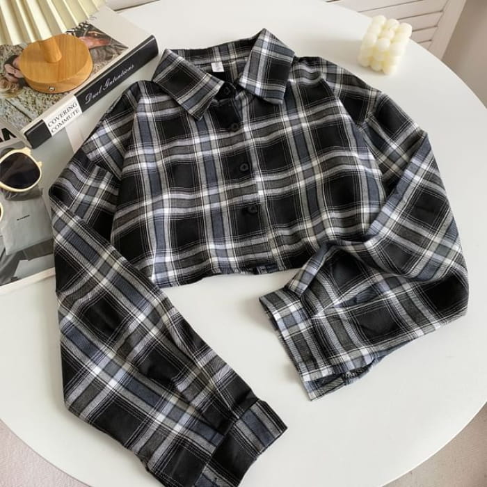 Plaid Button-Up Shirt - Black / One Size