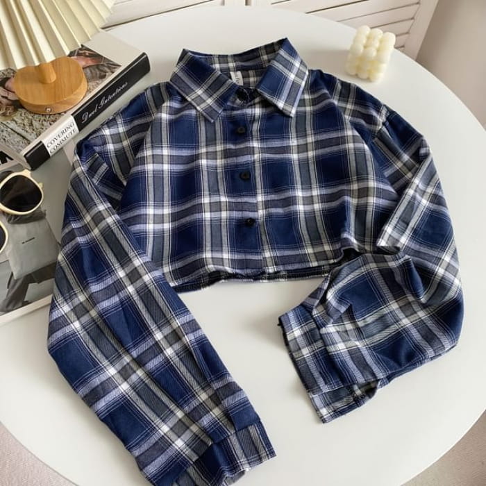 Plaid Button-Up Shirt - Dark Blue / One Size