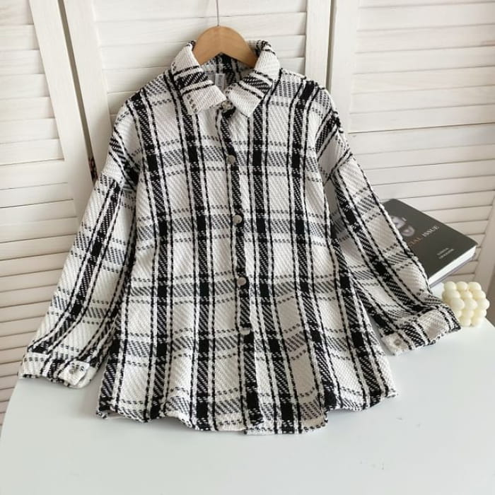 Plaid Button-Up Shirt Jacket - White / One Size