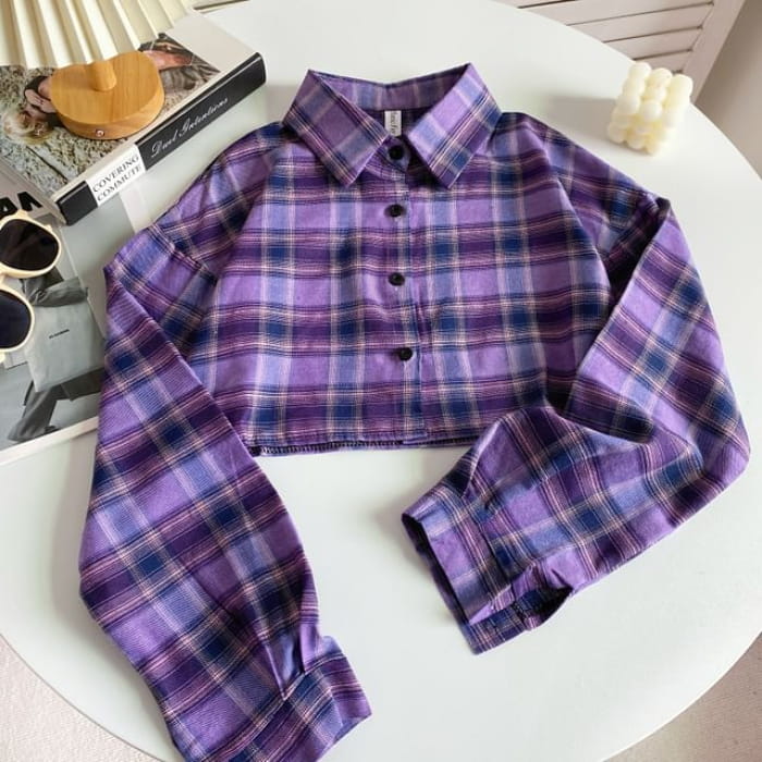 Plaid Button-Up Shirt - Purple / One Size