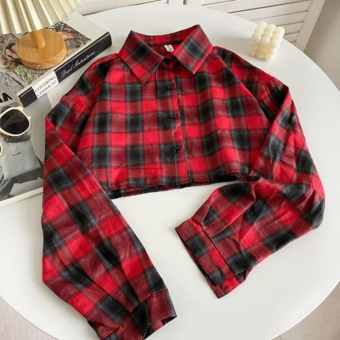 Plaid Button-Up Shirt - Red / One Size