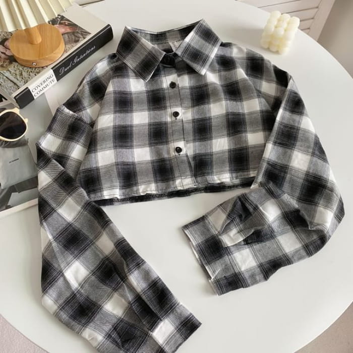 Plaid Button-Up Shirt - White / One Size