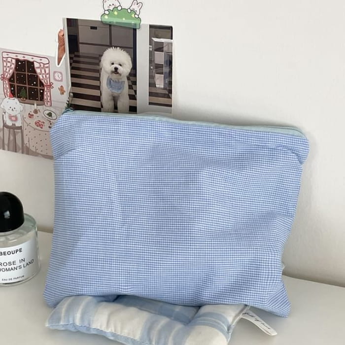 Plaid Fabric Makeup Bag / Pencil Case - Blue / One Size