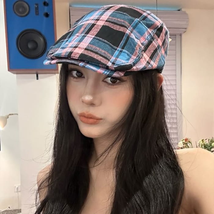 Plaid Flat Cap - Blue & Pink / One Size