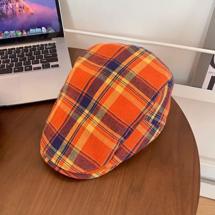 Plaid Flat Cap - Tangerine / One Size