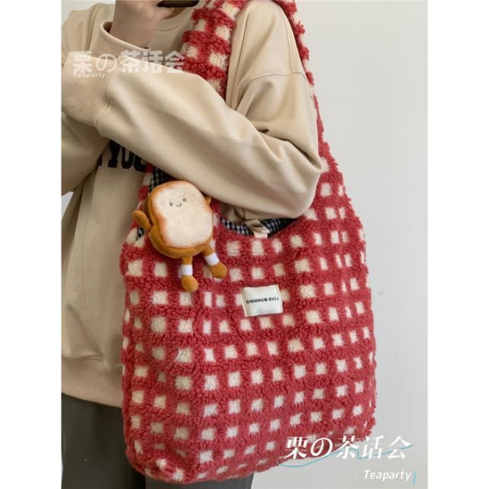 Plaid Fleece Tote Bag - With Bread Charm - Checkered - Red