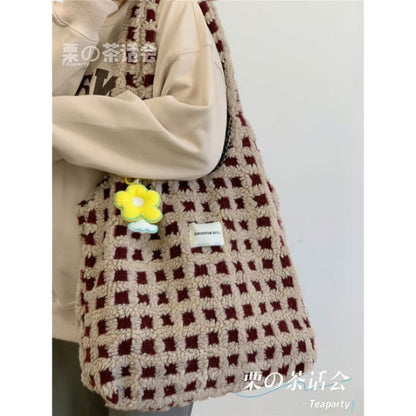 Plaid Fleece Tote Bag - With Yellow Flower Charm