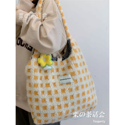 Plaid Fleece Tote Bag - With Yellow Flower Charm