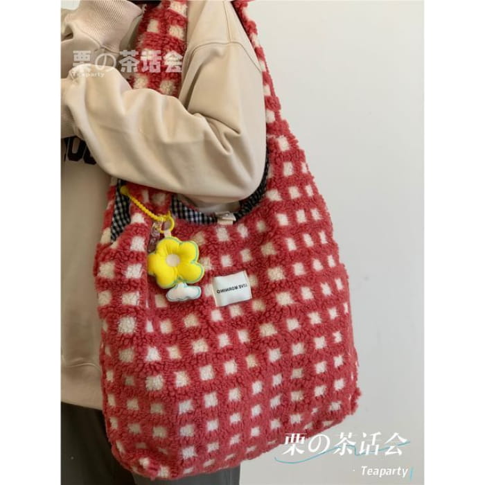 Plaid Fleece Tote Bag - With Yellow Flower Charm