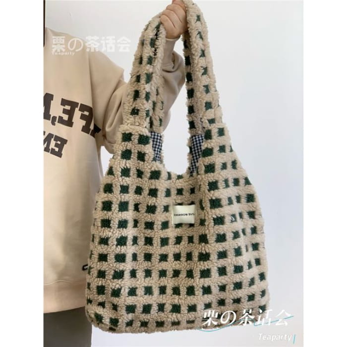 Plaid Fleece Tote Bag - Without Charm - Checkered - Khaki &