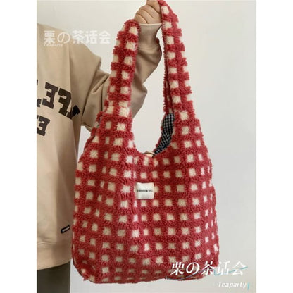 Plaid Fleece Tote Bag - Without Charm - Checkered - Red &