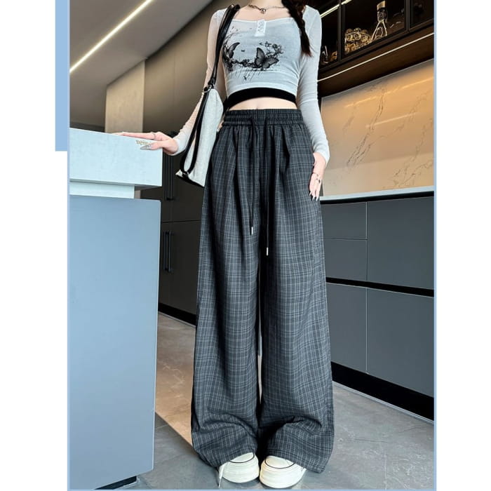 Plaid High Waist Drawstring Wide Leg Pants