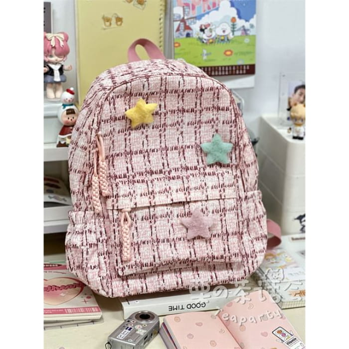 Plaid Multi-Pocket Backpack / Bag Charm / Set - Pink / S