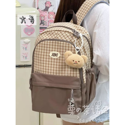 Plaid Panel Backpack / Bag Charm / Set - With Light Brown