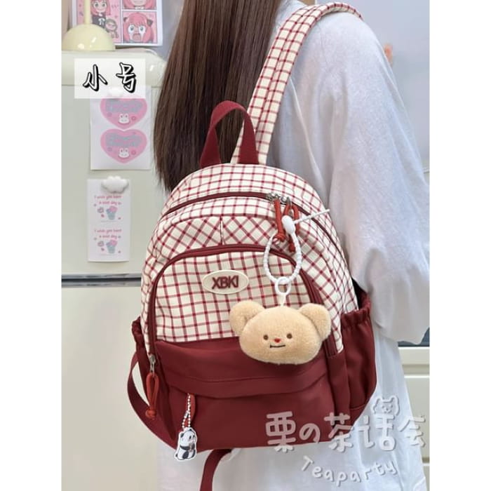 Plaid Panel Backpack / Bag Charm / Set - With Light Brown