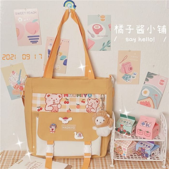 Plaid Panel Buckled Canvas Tote Bag - With Taiyaki Head Cat