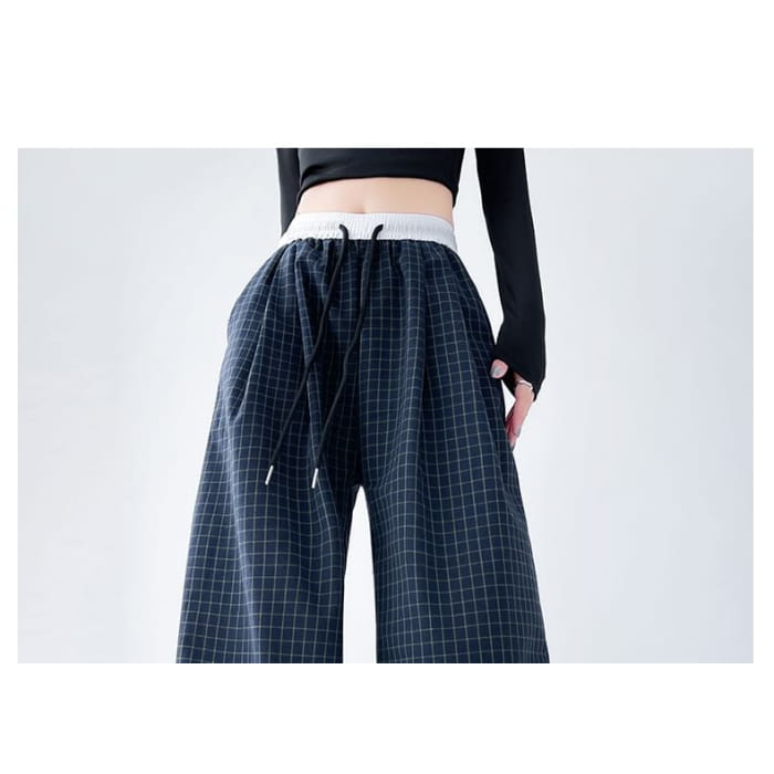 Plaid Panel High Waist Drawstring Wide Leg Pants