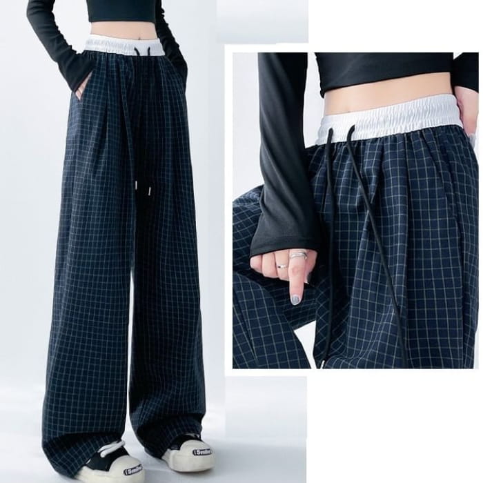 Plaid Panel High Waist Drawstring Wide Leg Pants