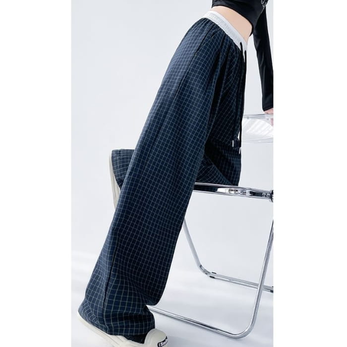 Plaid Panel High Waist Drawstring Wide Leg Pants